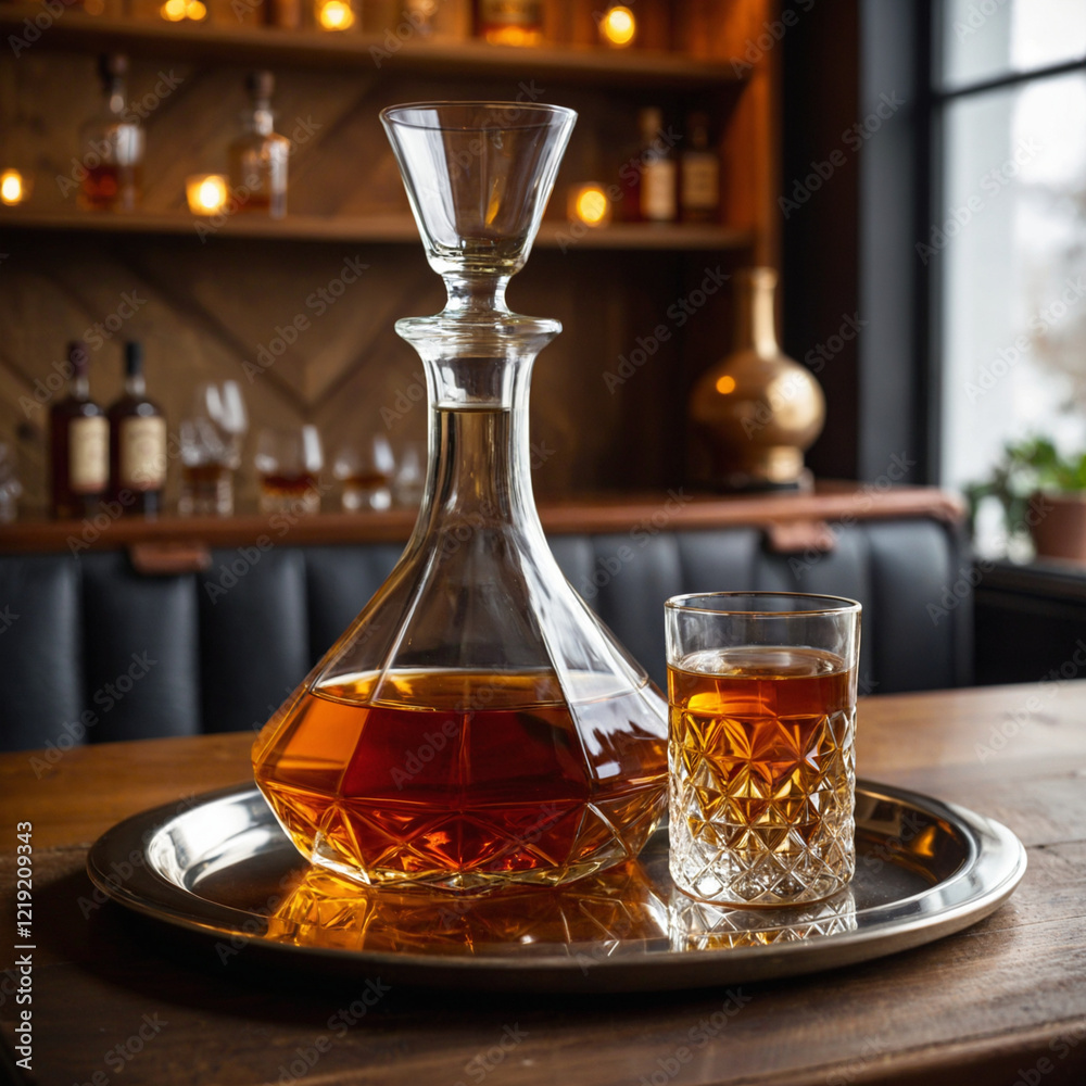 A sleek geometric crystal decanter with a cut-glass stopper filled with a rich golden liquid A sleek geometric crystal decanter with a cut-glass stopper filled with a rich golden liquid