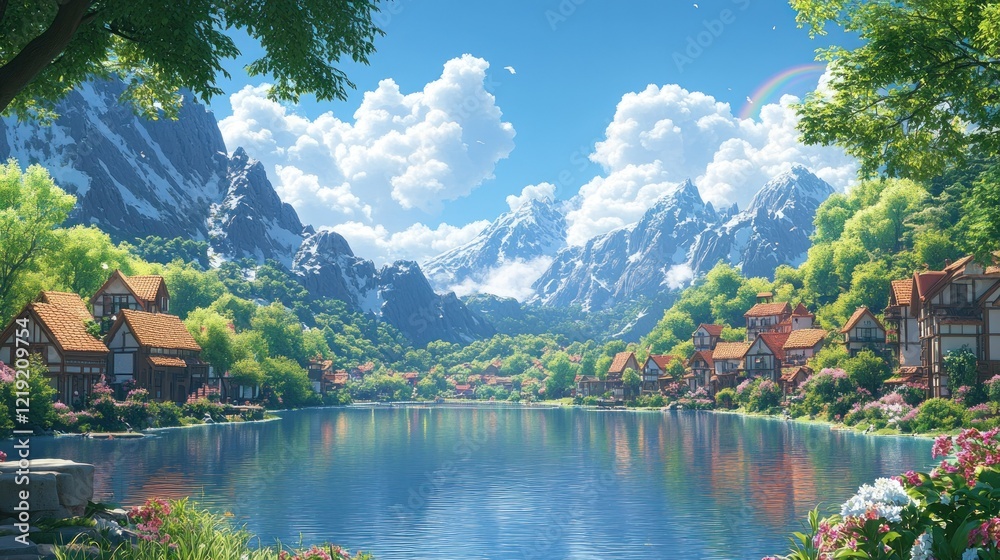 Fototapeta premium Idyllic mountain lake village, spring, rainbow