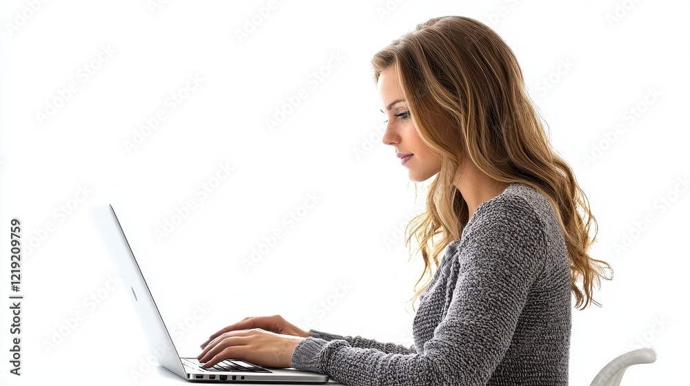 Naklejka premium A woman using a laptop in a modern office setting, with a focused expression, on a white isolated background