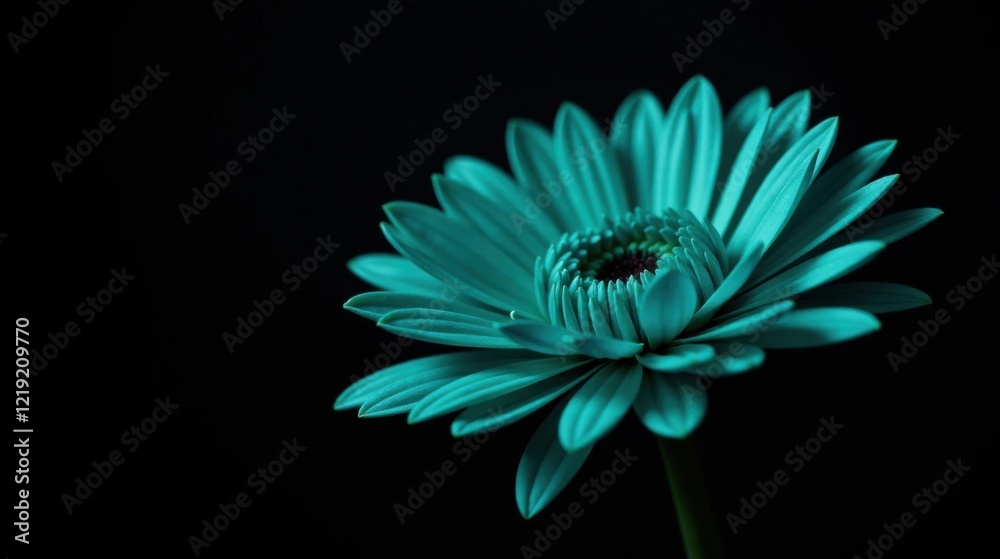 Obraz premium A Single Teal Flower Against a Dark Background, Exhibiting Delicate Petals and a Vibrant Center, a Study in Contrast and Botanical Beauty