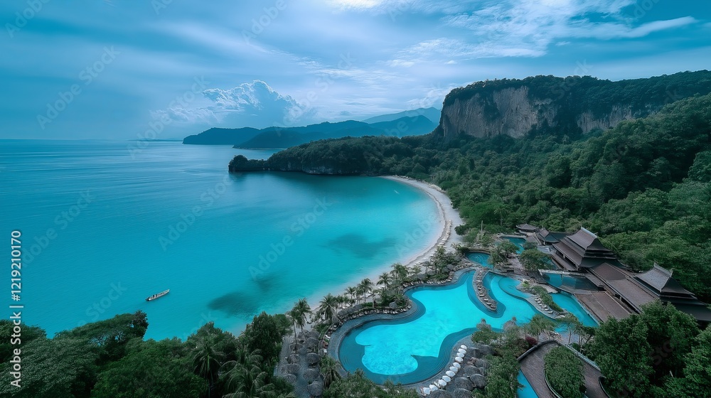 From luxurious exotic hotel resort you can see a breathtaking vista of sparkling azure sea and elegant infinity pool in early morning light of a sunny summer day