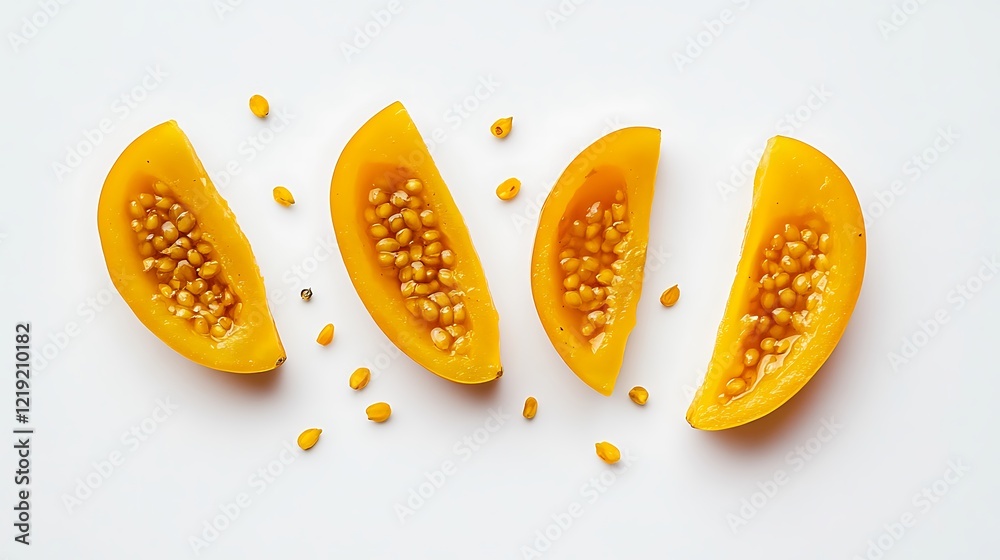 Golden Fruit Slices on a White Background Golden Fruit Slices on a White Background