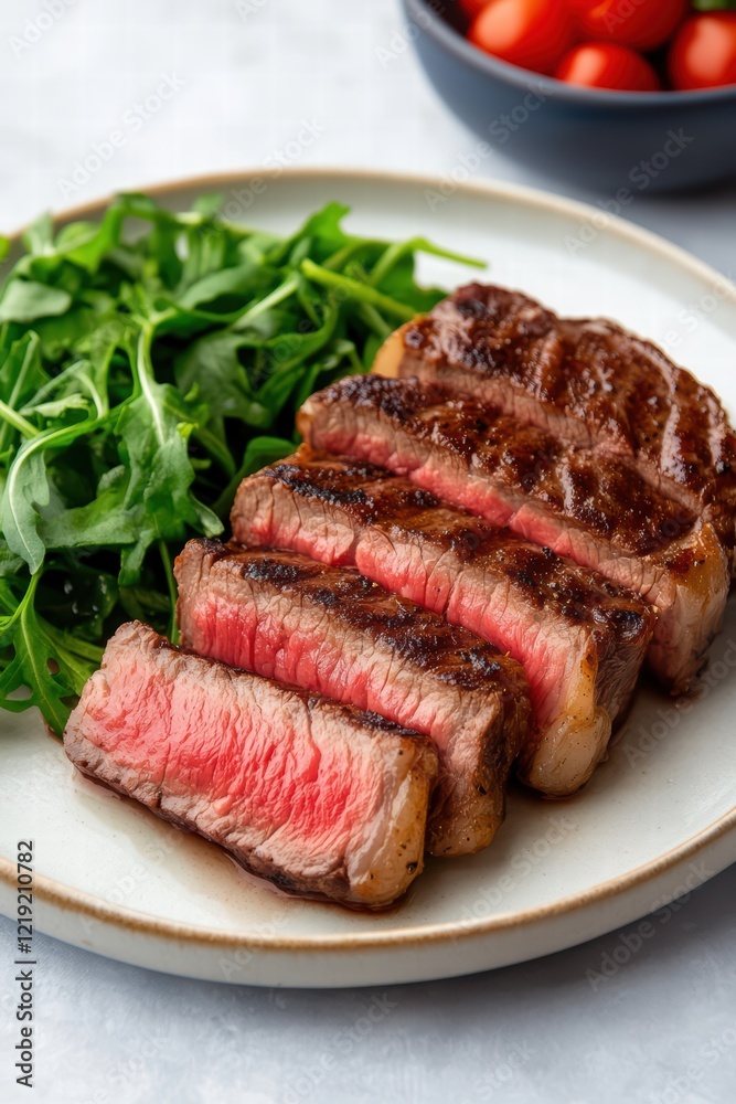 Delicious Juicy Steak Served with Fresh Greens on a Stylish Plate Delicious Juicy Steak Served with Fresh Greens on a Stylish Plate