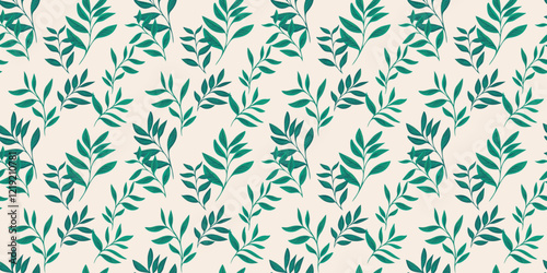 Abstract artistic branches leaves seamless pattern. Green leaf stems print. Vector drawing illustration. Nature ornament for textiles, fabric, wallpaper