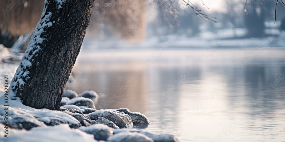 A blurred photograph of an icy lake in winter, with snow-covered rocks and trees on the shore. A blurred photograph of an icy lake in winter, with snow-covered rocks and trees on the shore.