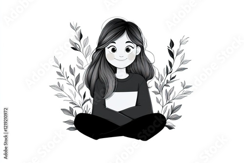 Wallpaper Mural This coloring page features a cheerful girl sitting cross-legged, surrounded by decorative leaves, perfect for relaxation and creativity in any coloring book Torontodigital.ca