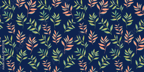 Colored pattern with abstract artistic tiny branches leaves. Stylized small leaf stems print on a dark blue background. Vector drawing illustration. Nature ornament for textile, fabric, wallpaper