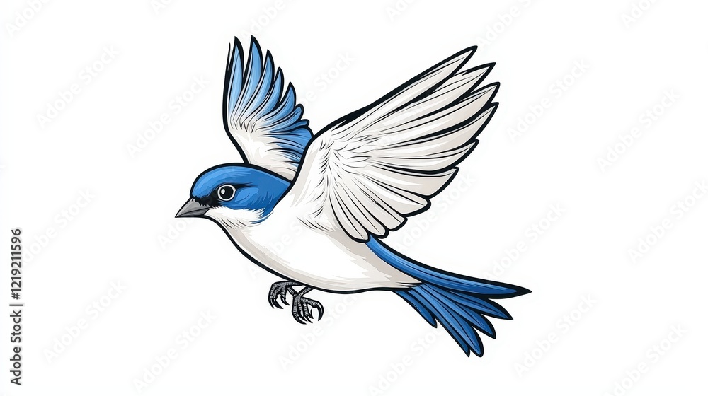 Obraz premium Vibrant Blue and White Bird in Flight with Detailed Feather Patterns Against a White Background