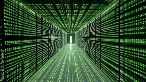 Futuristic Digital Corridor with Matrix Style Green Binary Code and Light at the End of the Tunnel