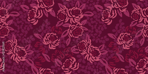 Blossoms seamless pattern with abstract, artistic shapes rose flowers, leaves, buds.  Vector hand drawn sketch. Burgundy floral brush ornament