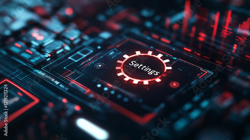 A futuristic interface showing a large central gear icon, surrounded by widgets and customizable graph panels, with 