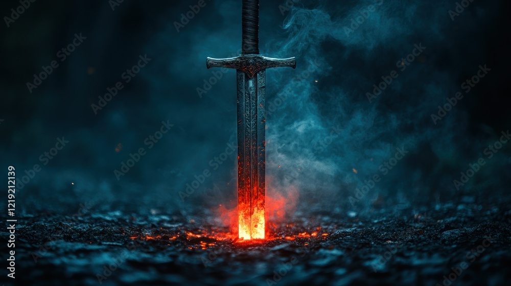 Flaming Sword in Dark Forest, Fantasy Game Flaming Sword in Dark Forest, Fantasy Game