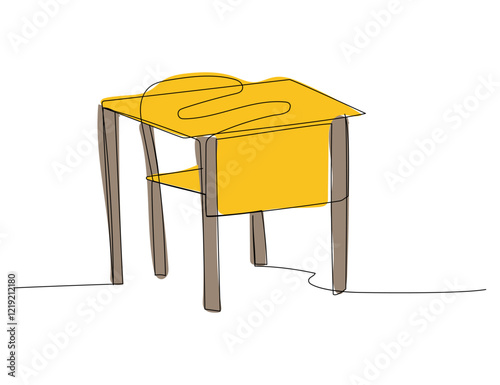School desk and chair, study, junior school one line color art. Continuous line drawing of online learning, education, knowledge, school furniture