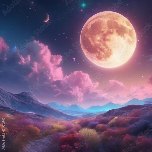 A surreal landscape bathed in pastel hues, a giant moon dominates a dreamy, starlit sky.