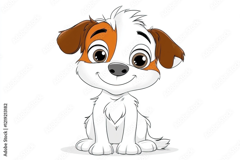 Fototapeta premium This delightful cartoon puppy sketch features a smiling pup with a fluffy coat and bright eyes, perfect for a fun coloring activity for all ages
