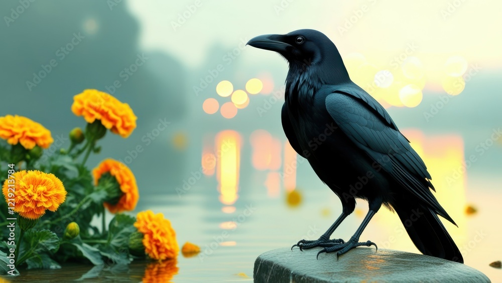Fototapeta premium Dark raven, perched, marigold flowers, bokeh lights, reflective water surface, teal and orange color palette, moody atmosphere, cinematic lighting, high detail, 4k resolution, digital art 
