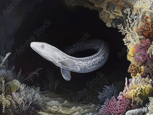 Elongated Eel In A Cave With Colorful Coral And Rock Formations Underwater Scene photo