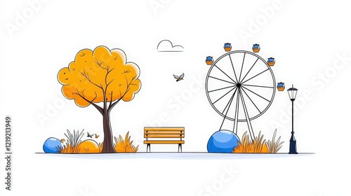 Vibrant Autumn Park Scene with Ferris Wheel, Tree, and Empty Bench Illustrating Leisure Time photo