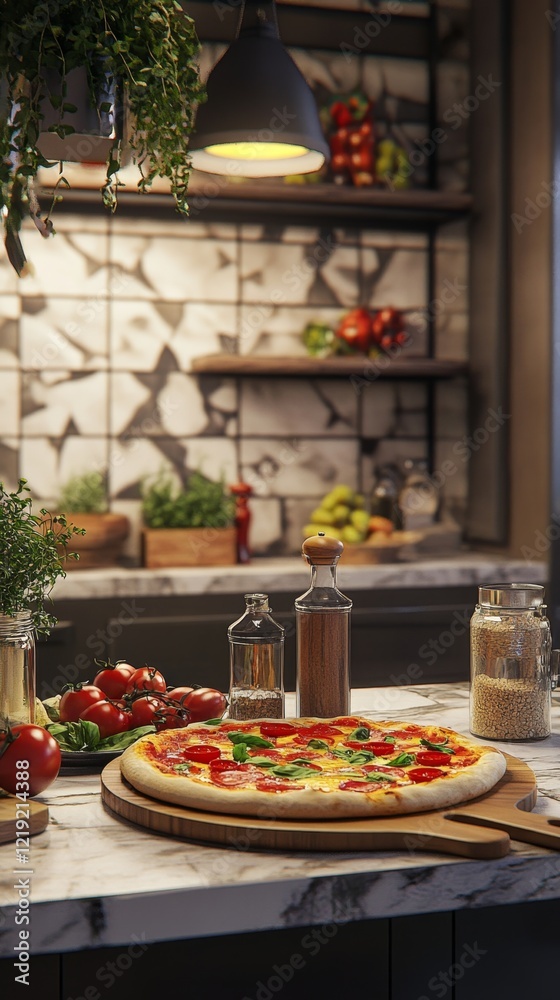 Fresh Pizza On Marble Countertop With Herbs And Tomatoes In Modern Kitchen Cooking Scene