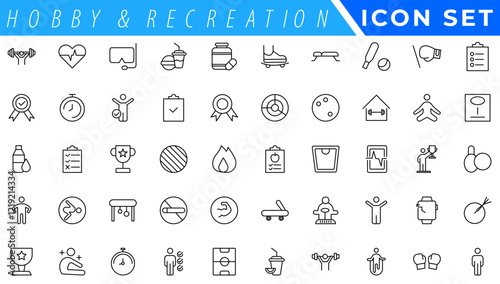 Hobby and recreation linear icons collection. Hobbies for children and adults at home and outdoors. Sports, diving, dancing, reading, drawing, music and singing,