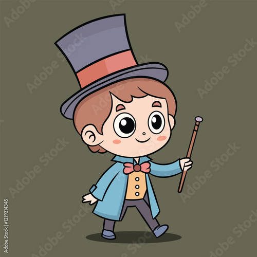 Cute magician boy carrying a stick doodle cartoon illustration