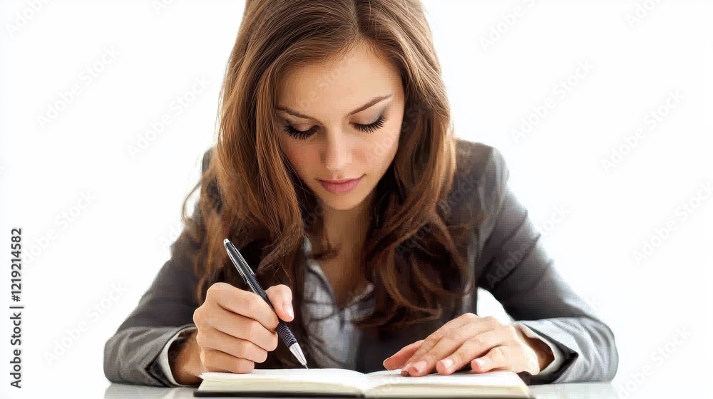 A woman taking notes in a notebook while sitting at a desk, focused and professional, on a white isolated background A woman taking notes in a notebook while sitting at a desk, focused and professional, on a white isolated background