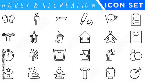 Hobby and recreation linear icons collection. Hobbies for children and adults at home and outdoors. Sports, diving, dancing, reading, drawing, music and singing,
