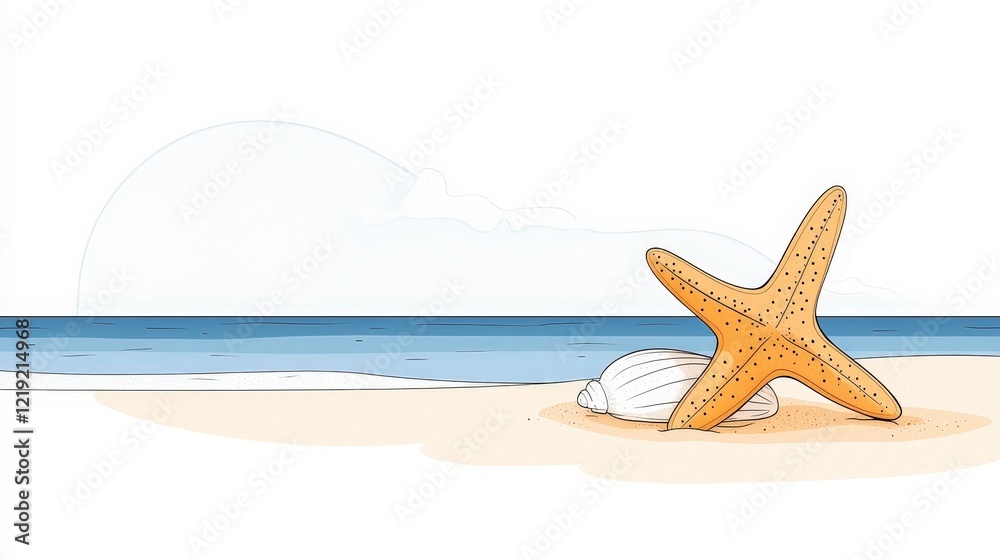 Colorful Starfish and Seashell on Sandy Beach with Calm Ocean in Background Colorful Starfish and Seashell on Sandy Beach with Calm Ocean in Background