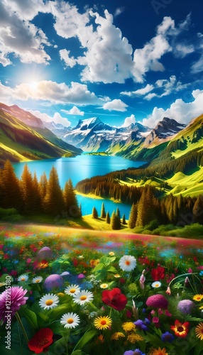 A breathtaking landscape featuring a crystal-clear lake reflecting towering snow-capped mountains, surrounded by lush green meadows, 