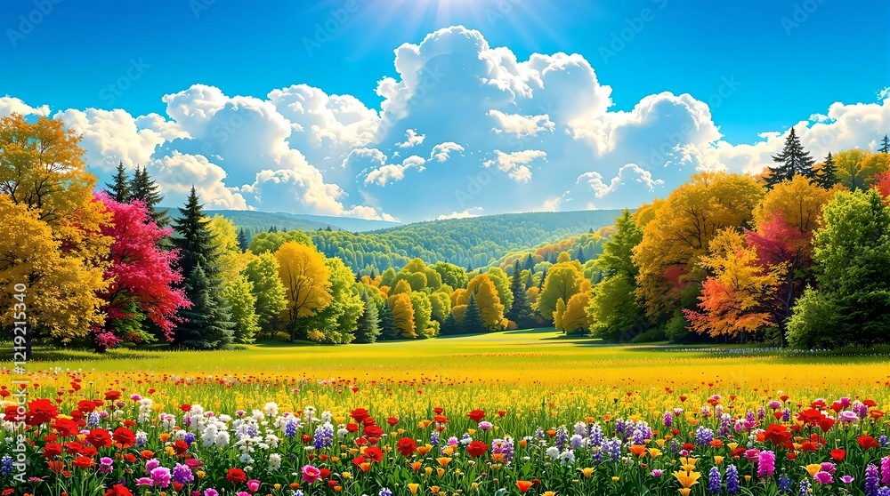 A vibrant alpine meadow in full bloom, framed by lush green forests and majestic snow-capped mountains under a sunny blue sky.