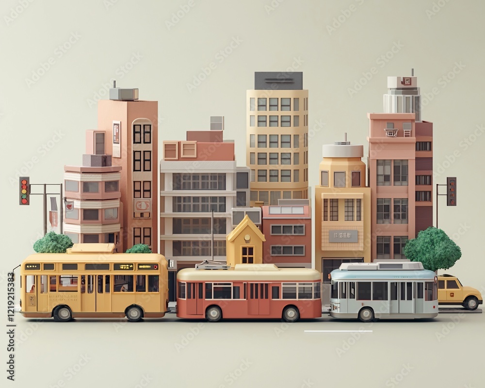 Obraz premium Low-poly city scene with buses and buildings.