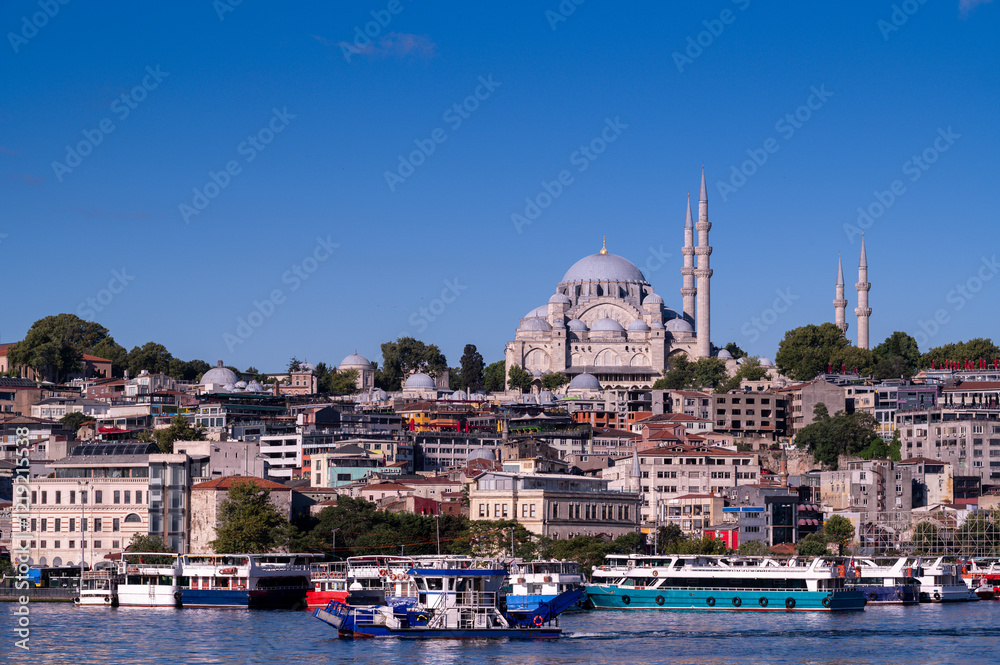 Istanbul city of blue sky citycape is beautiful scenery of summer with lifestyle travel, tourism and vacation in Istanbul town buildings .Turkey.
