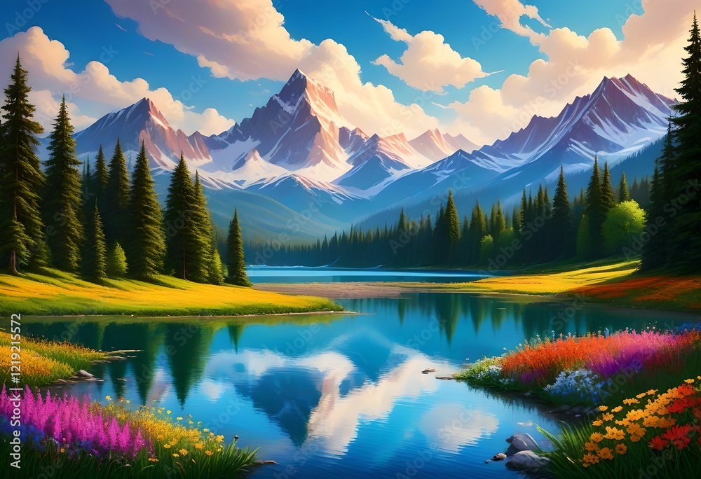 A vast and colorful alpine meadow stretches towards majestic snow-capped mountains, under a dynamic sky filled with fluffy clouds.