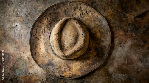 Aged Cowboy Hat on Rustic Background: A Vintage Western Still Life photo