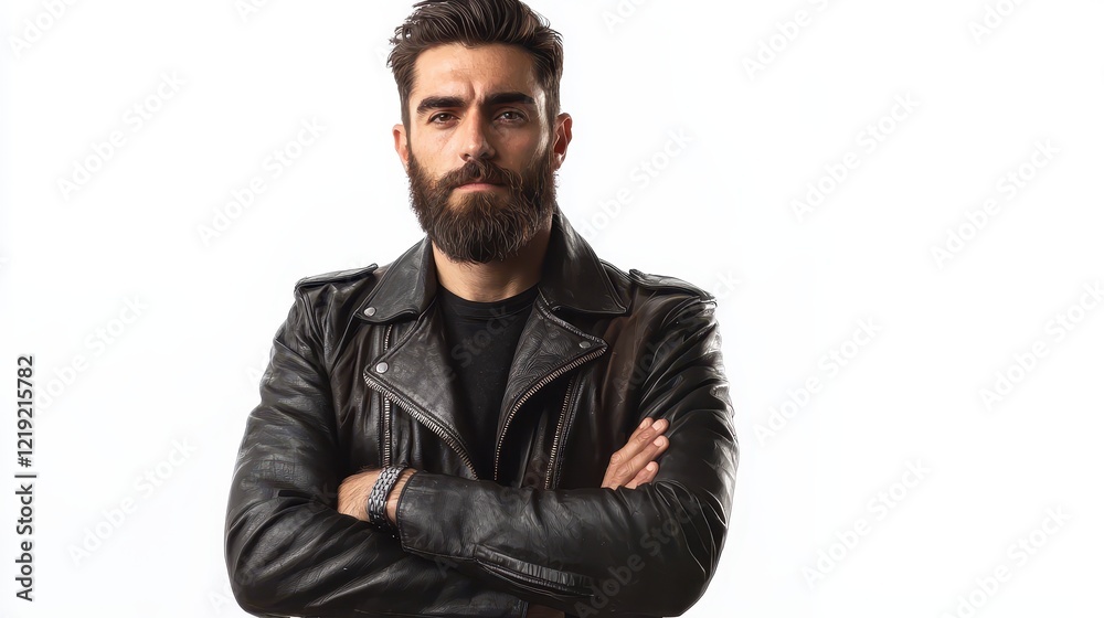 A man with a beard, wearing a leather jacket, standing with arms crossed and looking confidently, on a white isolated background A man with a beard, wearing a leather jacket, standing with arms crossed and looking confidently, on a white isolated background