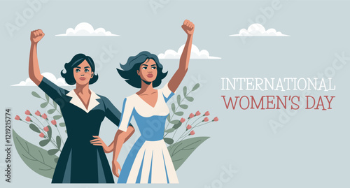 International Women's Day postcard. Two young women with flowers and raised hands in protest gesture. Flat illustration