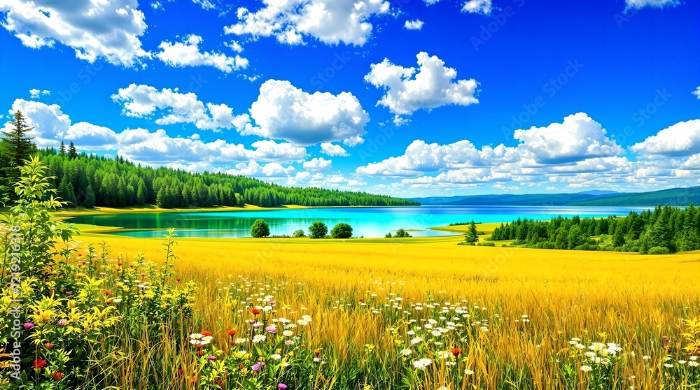 A breathtaking landscape featuring a crystal-clear lake reflecting towering snow-capped mountains, surrounded by lush green meadows,