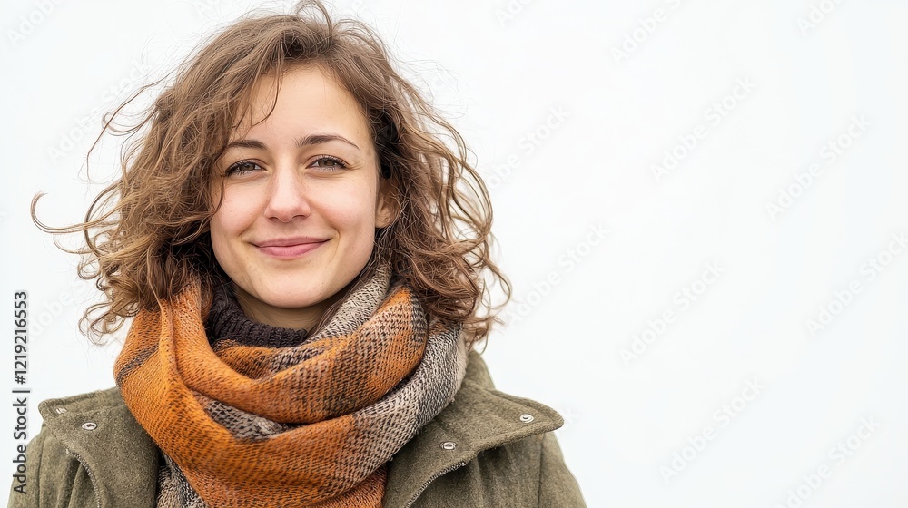 A woman wearing a scarf and winter coat, walking outdoors with a smile, on a white isolated background A woman wearing a scarf and winter coat, walking outdoors with a smile, on a white isolated background