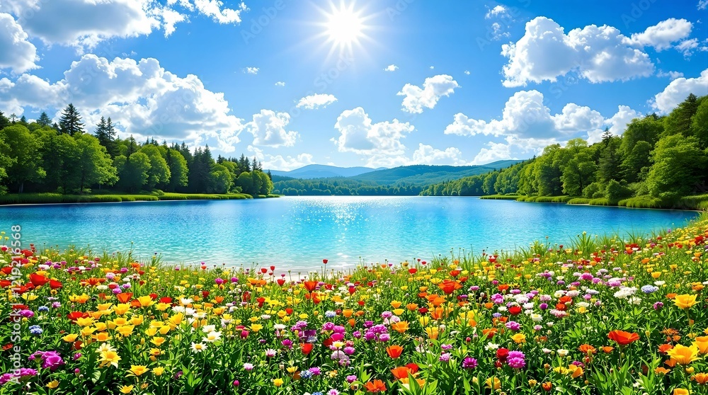 A vibrant alpine meadow in full bloom, framed by lush green forests and majestic snow-capped mountains under a sunny blue sky.