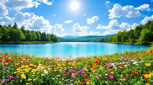 Obraz na płótnie A vibrant alpine meadow in full bloom, framed by lush green forests and majestic snow-capped mountains under a sunny blue sky. w salonie