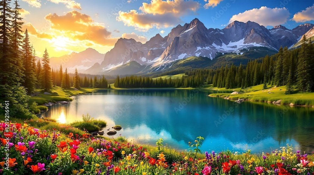 A picturesque alpine meadow brimming with colorful wildflowers, framed by lush evergreen trees and snow-capped mountain peaks under a radiant blue sky.