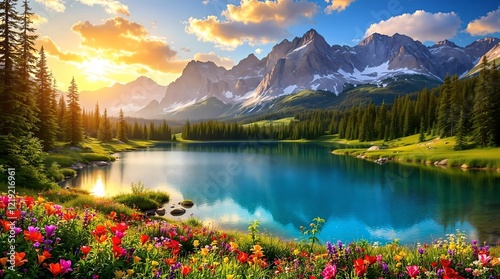 Obraz na płótnie A picturesque alpine meadow brimming with colorful wildflowers, framed by lush evergreen trees and snow-capped mountain peaks under a radiant blue sky. w salonie