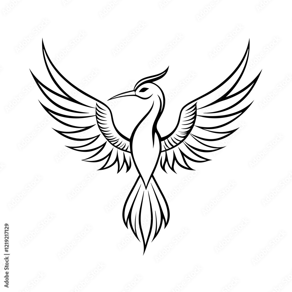 Stylized phoenix bird in flight, representing rebirth and transformation, black and white illustration Stylized phoenix bird in flight, representing rebirth and transformation, black and white illustration