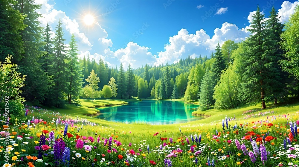 A radiant alpine meadow in full bloom, framed by lush green trees and towering snow-capped mountains under a golden sunlit sky.