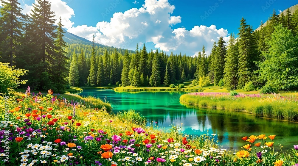 A breathtaking landscape featuring a crystal-clear lake reflecting towering snow-capped mountains, surrounded by lush green meadows,