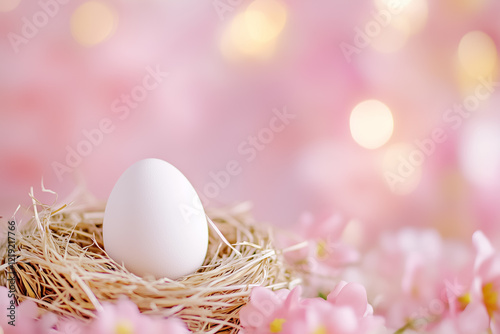 A delicate white egg sits peacefully in a nest of straw, illuminated by soft pastel lighting with blurred pink flowers adding a tranquil ambiance, symbolizing new beginnings