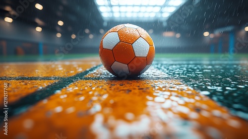Wet soccer ball on indoor field during rain.