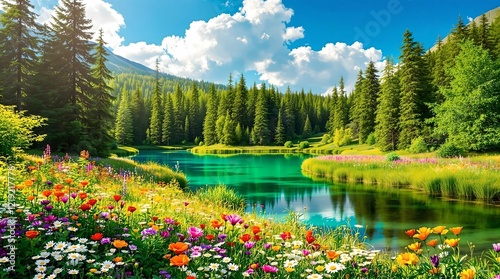 Obraz na płótnie A breathtaking landscape featuring a crystal-clear lake reflecting towering snow-capped mountains, surrounded by lush green meadows, w salonie