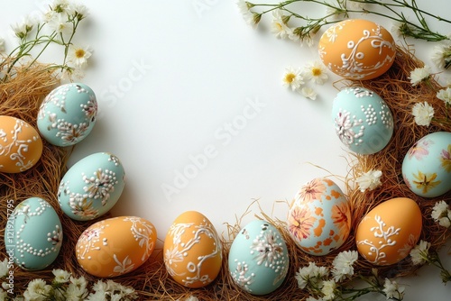 Elegant Easter eggs, spring flowers create frame on white background. Hand painted floral designs adorn pastel eggs nestled in straw. Atop white backdrop charming arrangement shows decorative nest of photo