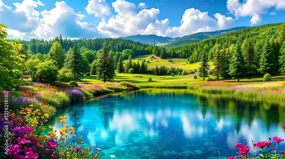 Fototapeta premium A vast and colorful alpine meadow stretches towards majestic snow-capped mountains, under a dynamic sky filled with fluffy clouds.